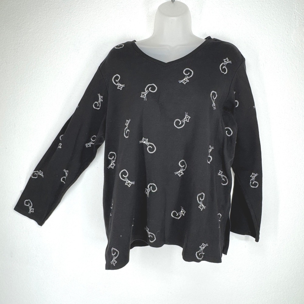 Coldwater Creek‎ Black Embroidered Cat Rhinestone V Neck Long Sleeve Top Medium